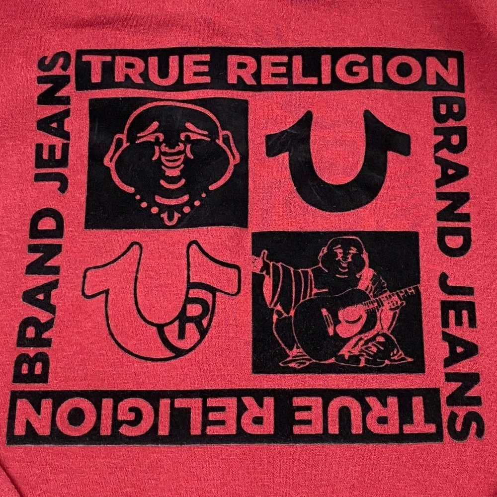 True Religion Men's XL Zip-Up Hoodie Maroon Buddha Horseshoe Graphic Sweatshirt